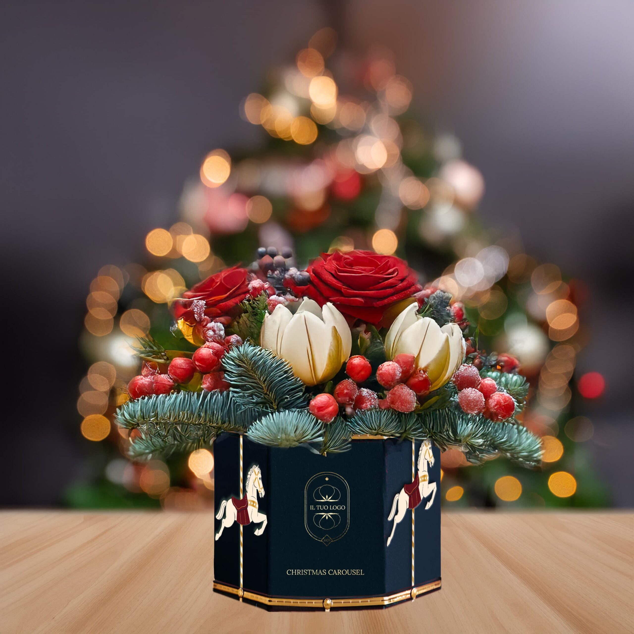 C'è una scatola natalizia blu che rappresenta una giostra di cavalli e che ha dentro uan composizione di fiori: è una speciall edition di Natale per flower design